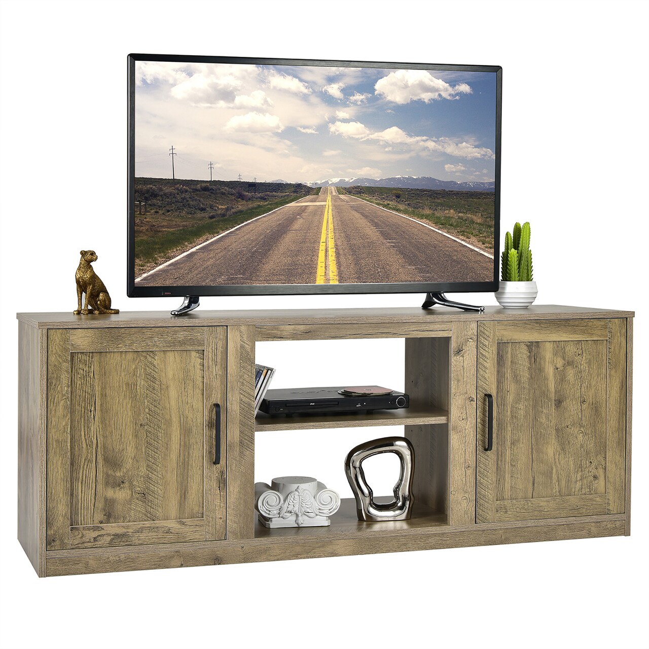 Costway 58'' TV Stand Entertainment Console Center W/ 2 Cabinets for 65'' TV Natural\Black\Walnut